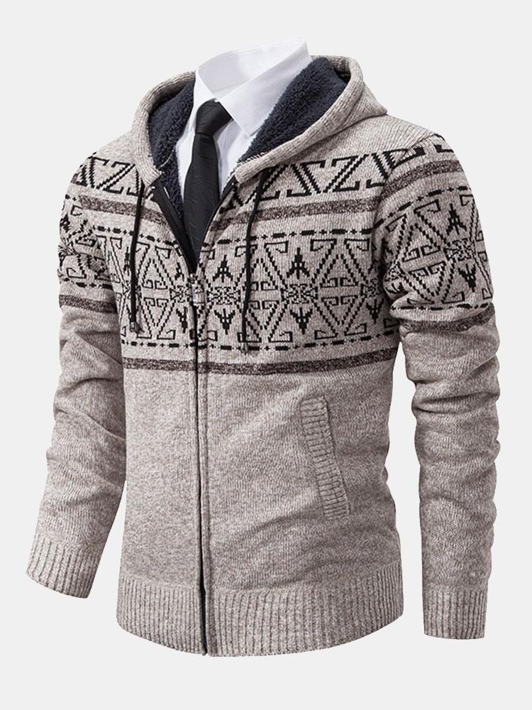 Aztec Geometric Pattern Zip Hooded Sweater - Naturzy