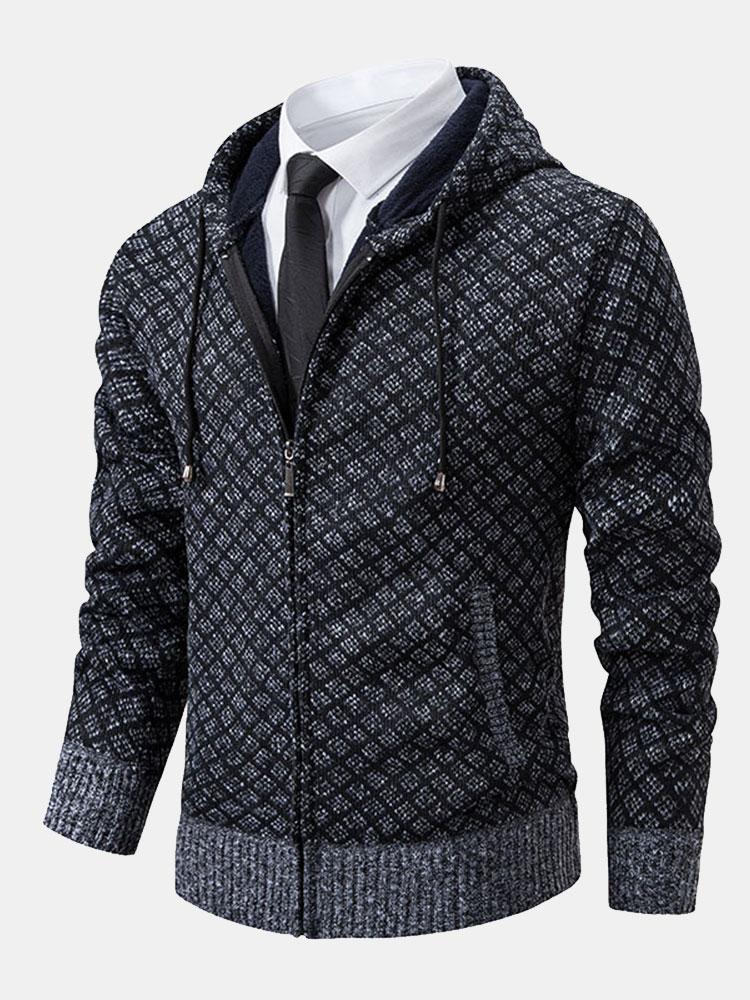 Diamond Pattern Zip Hooded Sweater - Naturzy