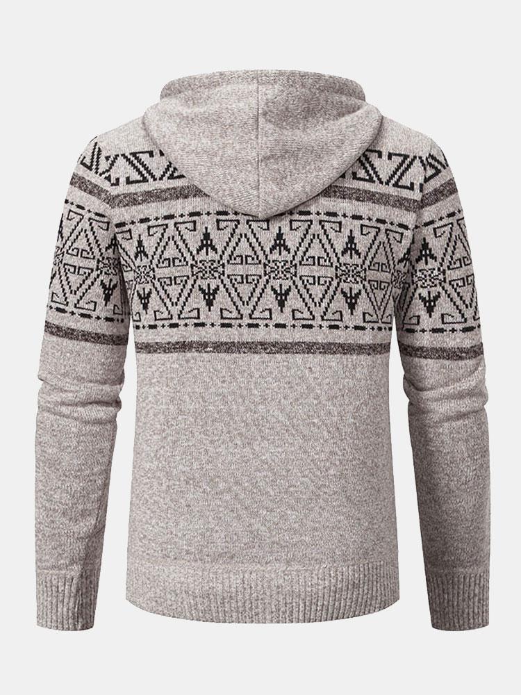 Aztec Geometric Pattern Zip Hooded Sweater - Naturzy