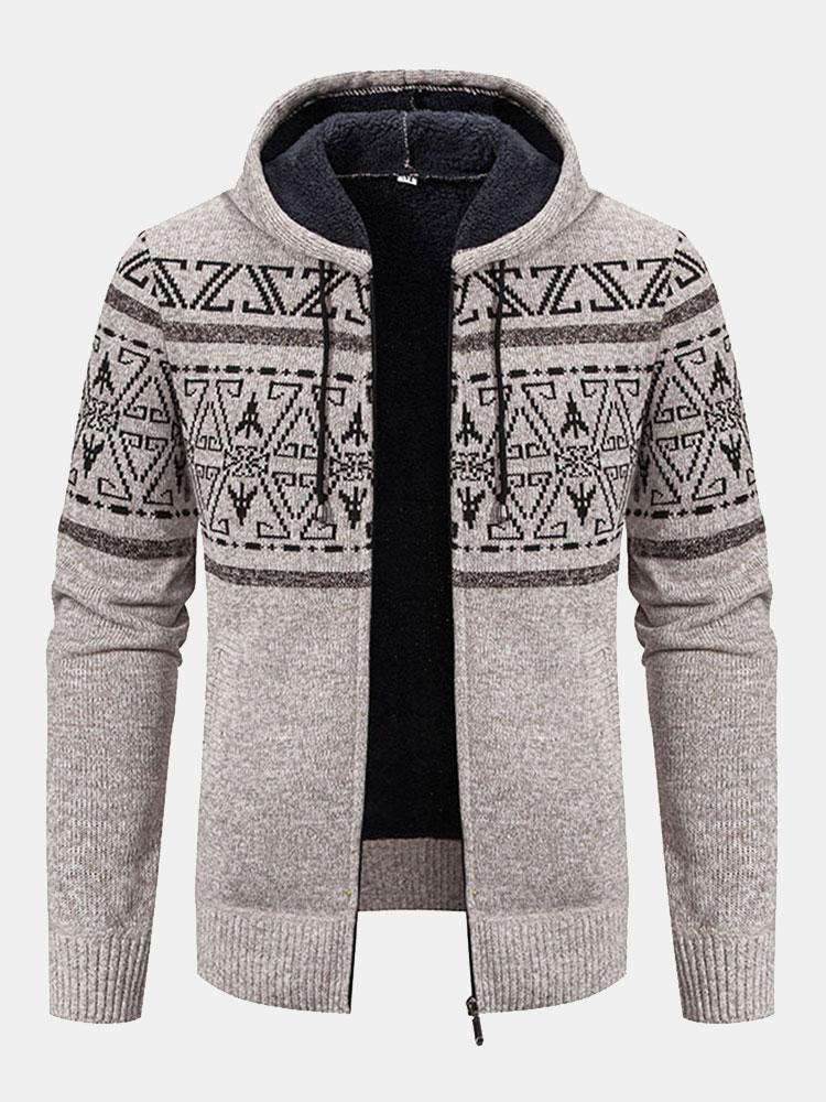 Aztec Geometric Pattern Zip Hooded Sweater - Naturzy