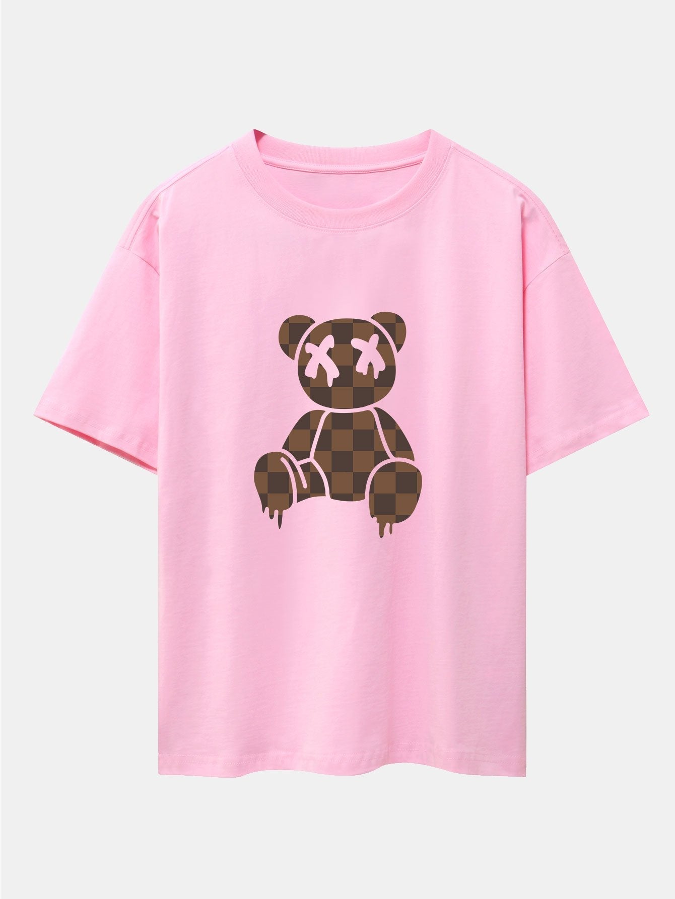 Checkerboard Dissolving Bear Drop Shoulder Oversize T-Shirt - Naturzy
